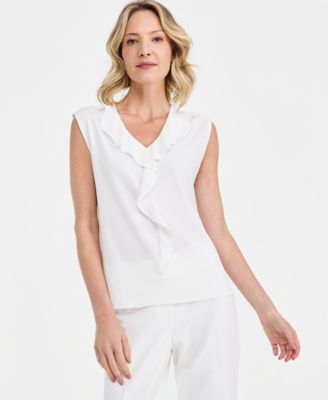 Kasper - Women's Mixed-Media Ruffled Top