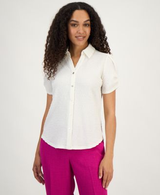 Kasper - Women's Textured Collared Button-Front Blouse