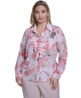 Calvin Klein - Plus Size Printed Long-Sleeve Ruffle-Front Top