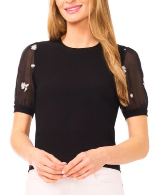 CeCe - Women's Mixed Media Design Crewneck Top