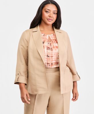 Kasper - Plus Size Open-Front Seamed Roll-Tab-Sleeve Jacket