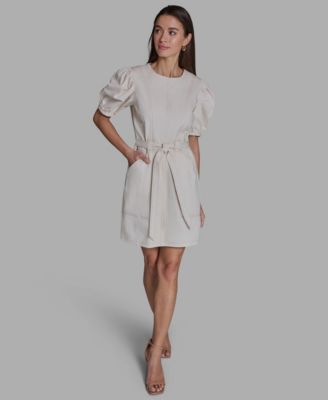BCBG - Women's Denim Pocketed Puff-Sleeve Belted A-Line Dress