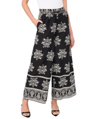 CeCe - Women's Printed Wide-Leg Pull-On Cotton Pants