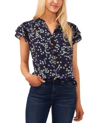CeCe - Women's Split-Neck Flutter-Sleeve Printed Blouse