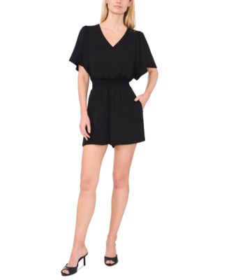 CeCe - Women's Flutter-Sleeve V-Neck Smocked Romper