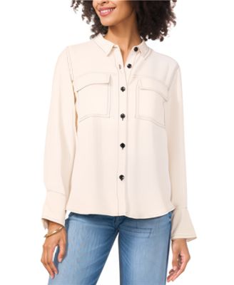 Vince Camuto - Women's Contrast-Stitch Button-Front Collared Blouse