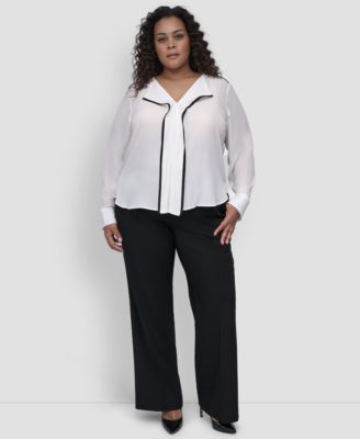 DKNY - Plus Size Contrast-Trim Long-Sleeve Blouse