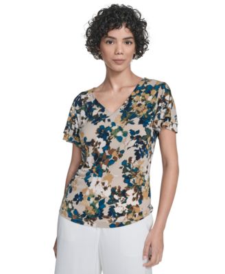 Calvin Klein - Women's Printed Flutter-Sleeve V-Neck Top
