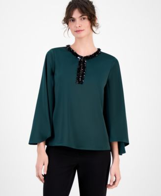 Anne Klein - Women's Sequinned-Neck Flutter-Sleeve Top