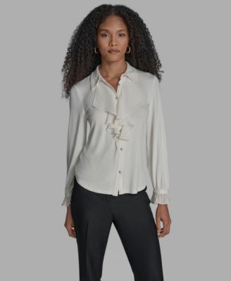 BCBG - Women's Button Down Ruffle Front Blouse