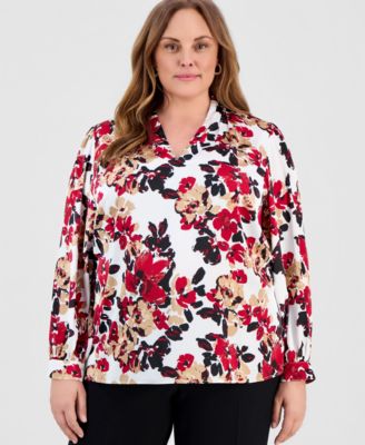 Kasper - Plus Size Printed Satin V-Neck Top