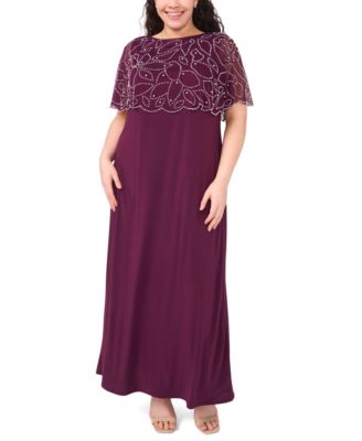 MSK - Plus Size Round Neck Beaded Cape Formal Dress