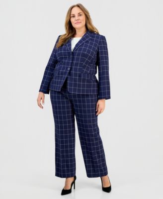 Le Suit - Plus Size Windowpane Check Notch Collar Pantsuit