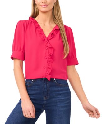 CeCe - Women's Puff Short-Sleeve Button Down Ruffle Top