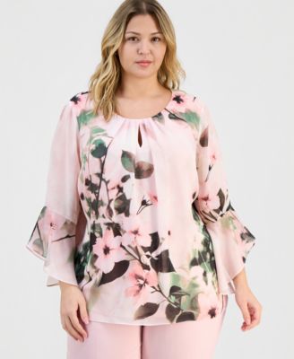 Kasper - Plus Size Floral-Print Keyhole-Front Flutter-Sleeve Top