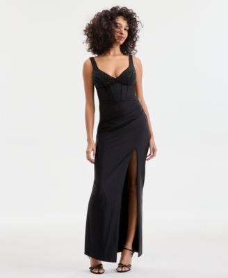 City Studios - Juniors' Beaded-Bodice High-Slit Gown
