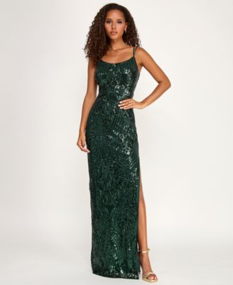 Emerald Sundae - Juniors' Sequined Side-Slit Gown