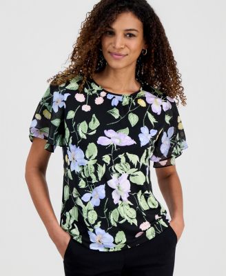 Kasper - Women's Flutter-Sleeve Floral Top