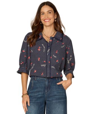 Democracy - Petite Elbow-Sleeve Button-Down Woven Shirt