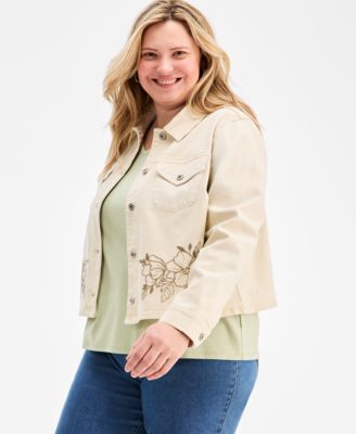 Style & Co - Plus Size Cropped Embroidered Denim Jacket