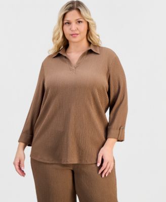 Anne Klein Essentials - Plus Size Collared Textured Top