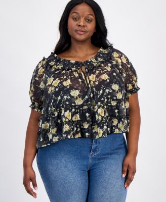 And Now This - Trendy Plus Size Tie-Front Puff-Sleeve Top