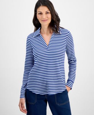 Style & Co - Women's Striped Waffle-Knit Collared Top