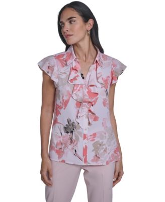Calvin Klein - Women's Printed Cap-Sleeve Ruffle Front Top