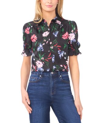 CeCe - Women's Puff Sleeve Button Down Collared Top