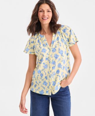 Style & Co - Women's Floral Flutter-Sleeve Button-Front Top