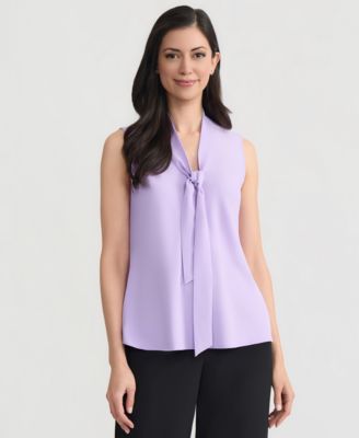 Kasper - Women's Solid Sleeveless Tie-Neck Blouse