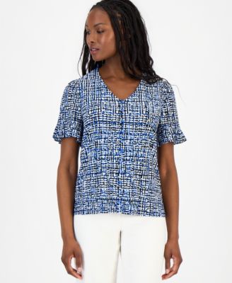 Anne Klein Essentials - Petite Printed Ruffle-Sleeve Top