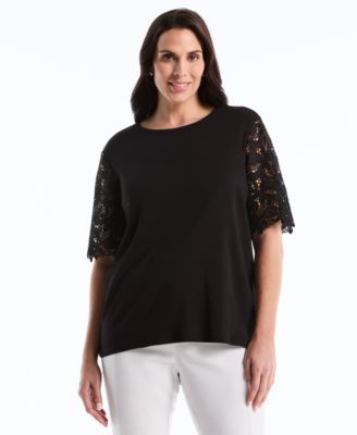 Rafaella - Plus Size Drape Lace Sleeve Crewneck Top