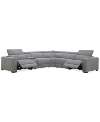 Nevio 6-Pc. Fabric Power Headrest L-Shaped Sectional and Console with 2 Power Motion Chairs image