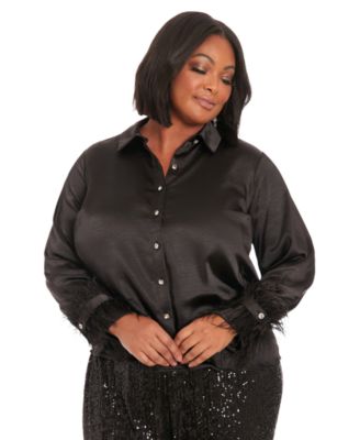 Muse - Plus Size Collared Feather-Trim-Sleeve Satin Shirt