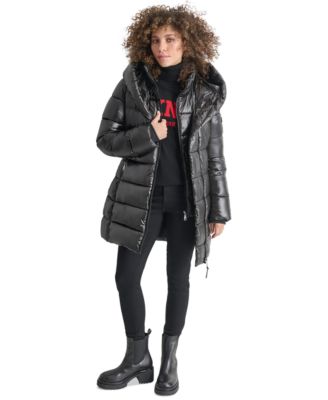 DKNY - Women's Bibbed Shawl-Collar Packable Shine Puffer Coat