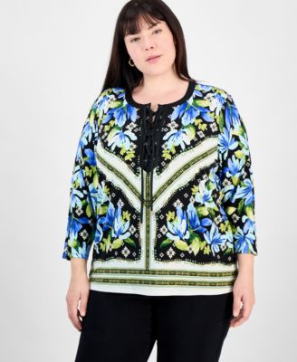 JM Collection - Plus Size Printed Lace-Up 3/4-Sleeve Top