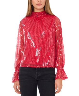 1.STATE - Women's Sequin Draped-Back Mock-Neck Top