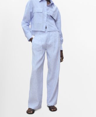 MANGO - Women's Striped Linen-Blend Trousers Pants