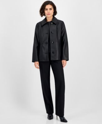 Anne Klein - Women's Single-Breasted Leather Coat