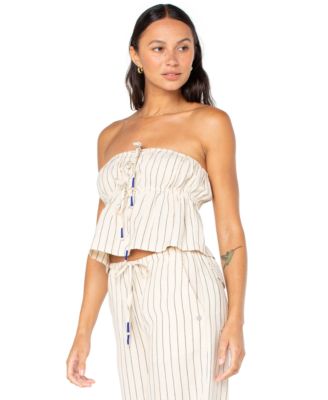 Roxy - Juniors' Iyla Striped Tie-Front Drawstring-Waist Cropped Top