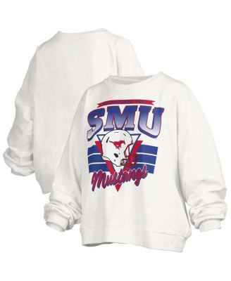 Pressbox - Women's White SMU Mustangs Oversized Janice Retro Waist-Length Pullover Sweatshirt