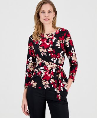Kasper - Women's Printed 3/4-Sleeve Side-Tie Top