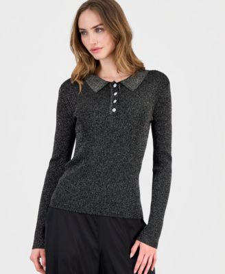 T Tahari - Women's Collared Ribbed Metallic Top
