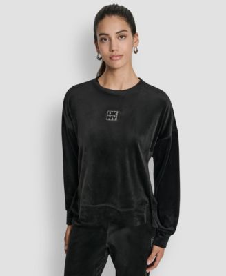 DKNY - Women's Super Soft Velour Rhinestone Stacked Logo Crewneck Pullover Top