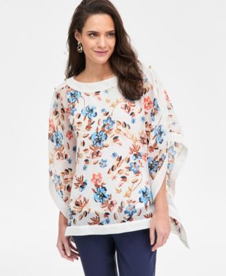 JM Collection - Petite Floral Printed Pull-On Poncho Top