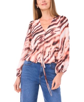1.STATE - Women's Button Front V-Neck Printed Blouse