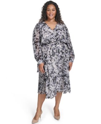 Calvin Klein - Plus Size Tie Sleeve Chiffon Pull-On Midi Dress