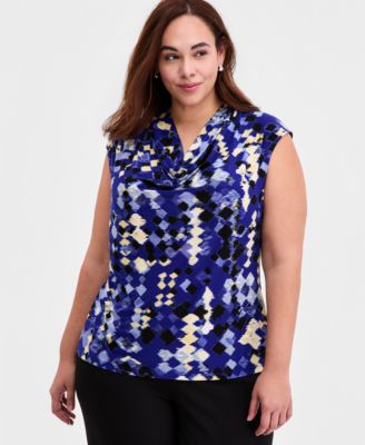 Kasper - Plus Size Printed Sleeveless Cowl-Neck Top