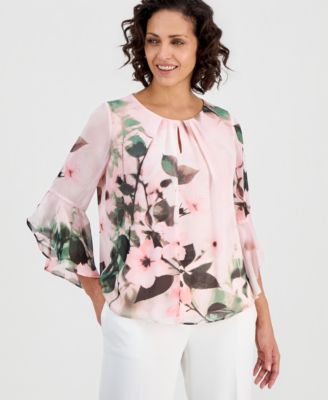 Kasper - Women's Printed Flare-Sleeve Blouse